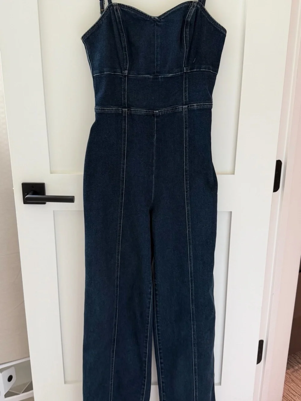 Express Dark Indigo Cutout Denim Jumpsuit - Picture 1 of 3